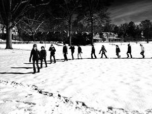Sixth Grade students at The Waldorf School of Philadelphia make forms in the snow as part of an applied Eurythmy lesson.
