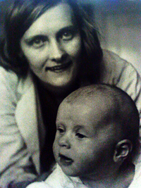 Photograph of Astrid Lindgren, author of Swedish children's books, with daughter Karin