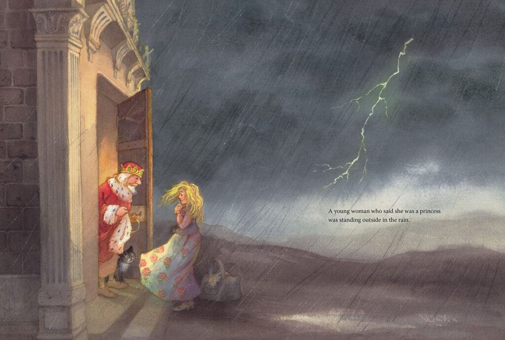 An illustration from The Princess and the Pea: A king opens a door to a shivering young woman. The sky is grey and there is rain and lightning. The text reads: A young woman who said she was a princess was standing outside in the rain. 
