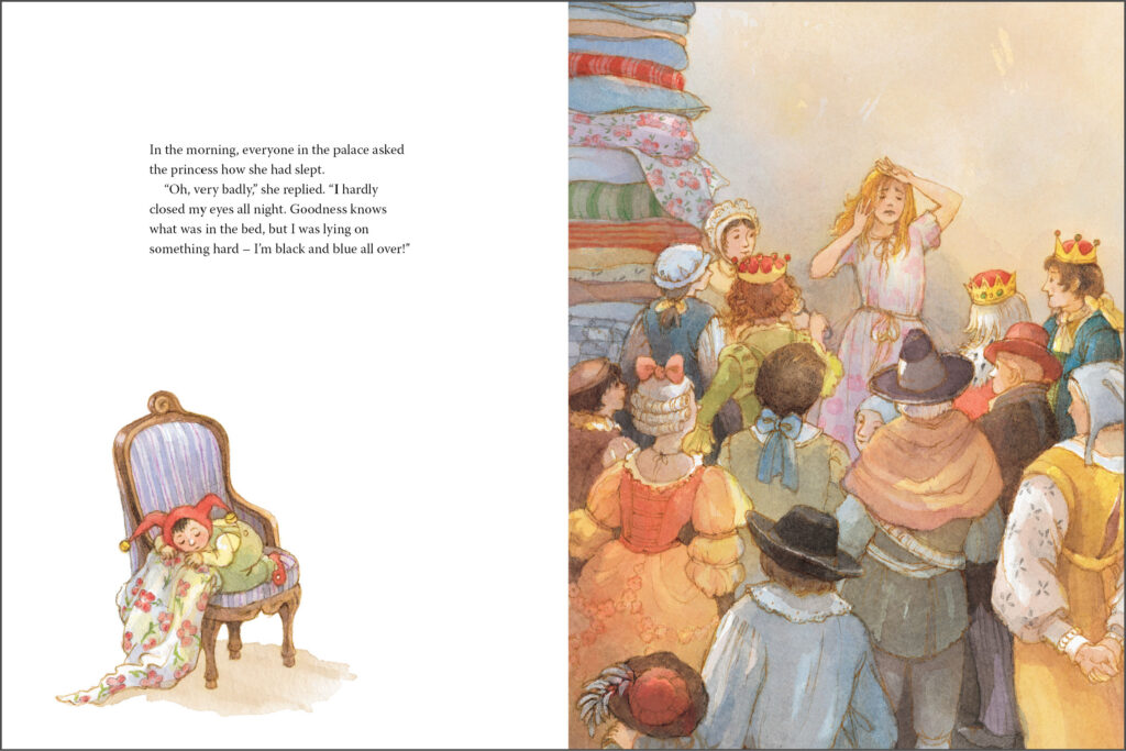 An illustration from The Princess and the Pea. A young woman is surrounded by people. She holds her hands to her head and looks distressed. Behind her, a tall pile of mattresses can be seen. The text reads: In the morning, everyone in the palace asked the princess how she had slept. "Oh, very badly," she replied. "I hardly closed my eyes all night. Goodness knows what was in the bed, but I was lying on something hard - I'm black and blue all over!"