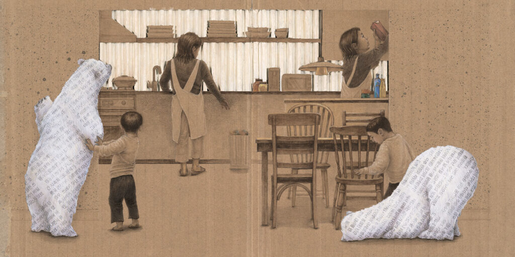 Children’s book illustration of a home kitchen scene with children and polar bear figures made of text, combining domestic life with environmental storytelling themes.