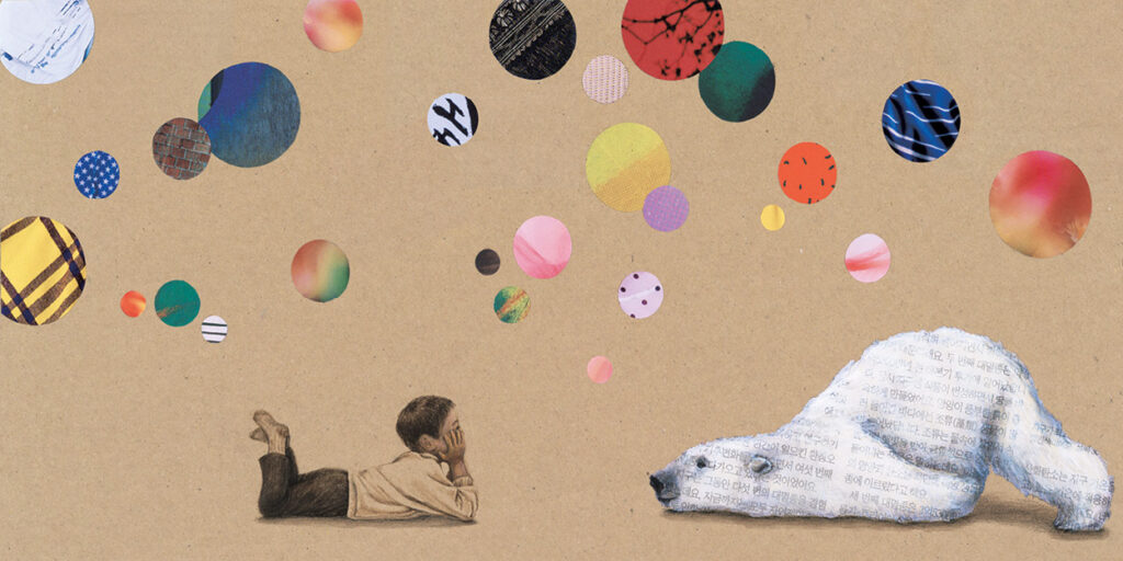 Illustration of a child lying down looking at colorful floating circles while a polar bear made of printed text rests nearby, symbolizing creativity and environmental themes.